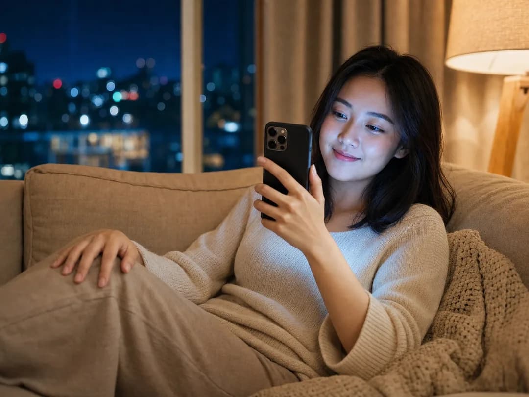 집 소파에서 스마트폰으로 크레인 게임을 즐기는 모습