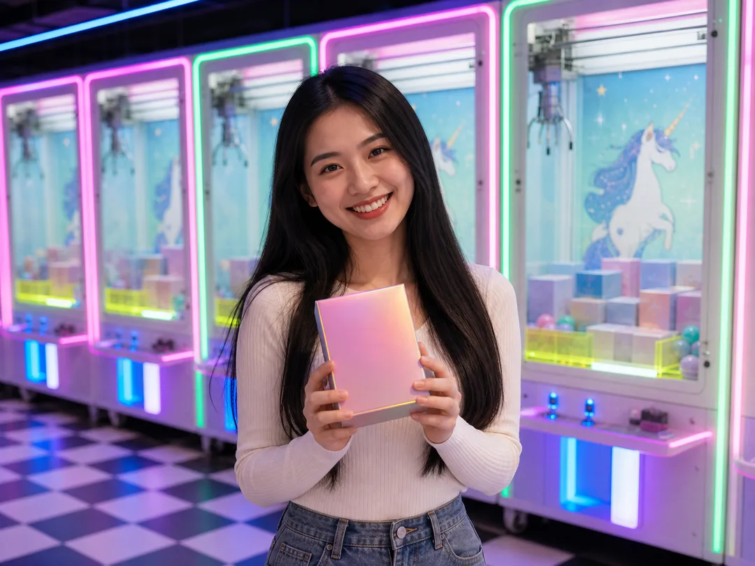 획득한 실물 상품을 들고 기뻐하는 손님